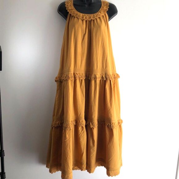 THE GREAT. Eyelet Magnolia Tiered Oversized Midi Dress Mustard Yellow Size S - Picture 4 of 10